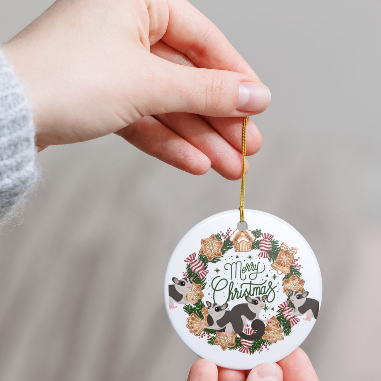 Merry Christmas Sugar Glider Ceramic Ornament