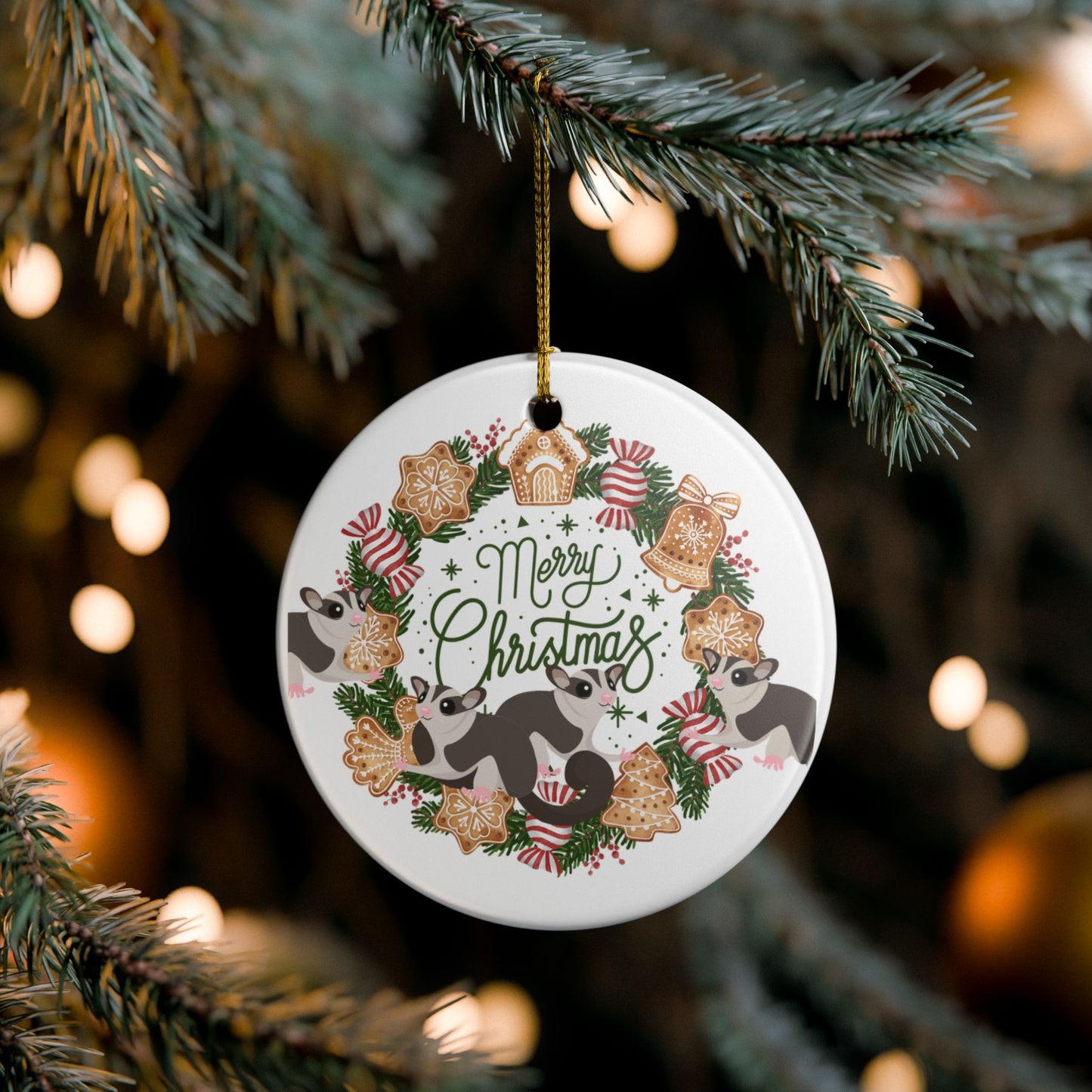 Merry Christmas Sugar Glider Ceramic Ornament