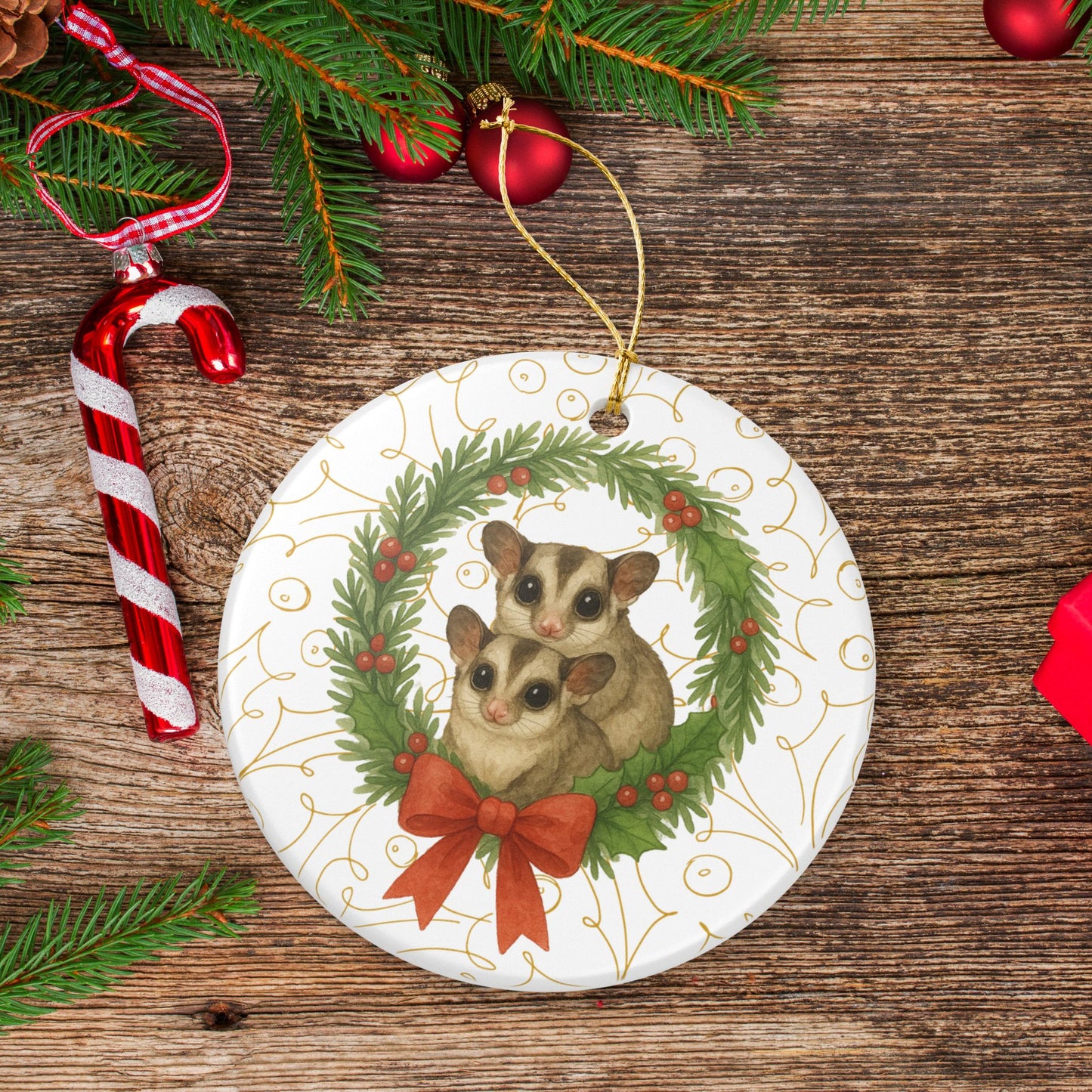 Timeless Sugar Glider Wreath Ceramic Ornament