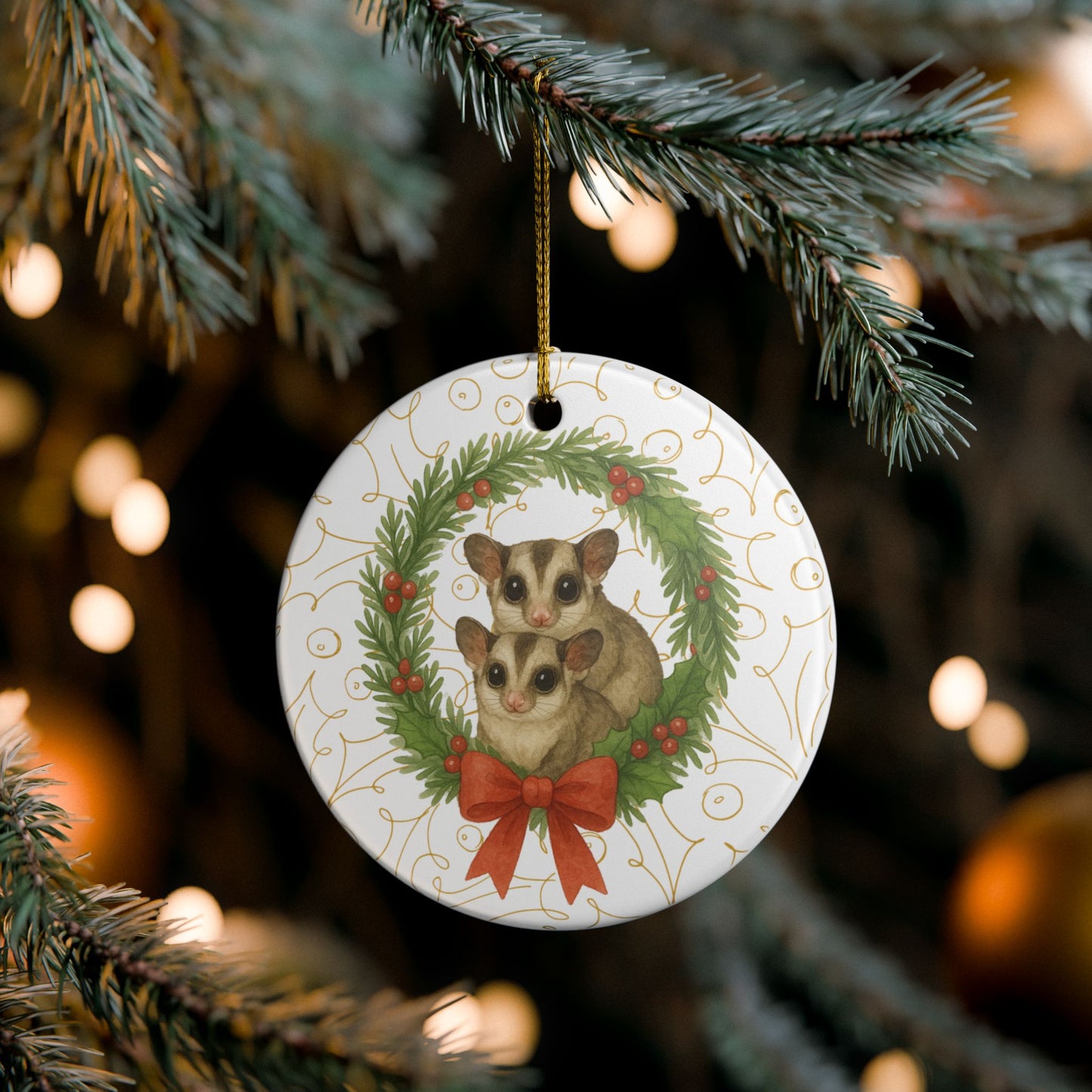 Timeless Sugar Glider Wreath Ceramic Ornament