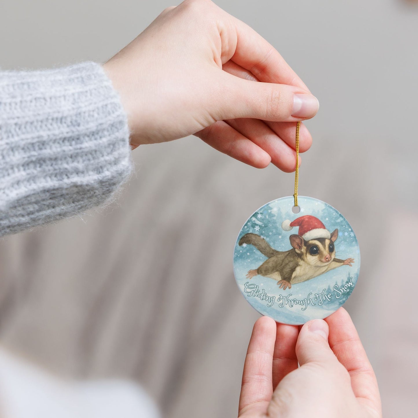 Gliding Through the Snow Sugar Glider Ceramic Ornament